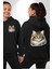 Sibirya Kedi Tasarımı Siyah Kapüşonlu Sweatshirt Kadın Erkek Ön Minimal Sırt Baskılı 1