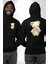 Mavi Kare Desenli Ayıcık Kawaii Stil Siyah Kapüşonlu Sweatshirt Kadın Erkek Ön Minimal Sırt Baskılı 1