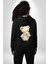 Mavi Kare Desenli Ayıcık Kawaii Stil Siyah Kapüşonlu Sweatshirt Kadın Erkek Ön Minimal Sırt Baskılı 3