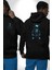 Mavi Neon Işık Detaylı Sokak Modası Ayıcık Siyah Kapüşonlu Sweatshirt Kadın Erkek Ön Minimal Sırt Baskılı 4