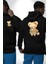 Sevimli Çiçek Desenli Ayıcık Siyah Kapüşonlu Sweatshirt Kadın Erkek Ön Minimal Sırt Baskılı 1