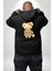 Sevimli Çiçek Desenli Ayıcık Siyah Kapüşonlu Sweatshirt Kadın Erkek Ön Minimal Sırt Baskılı 3