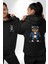 Rahat ve Şık Sporcu Ayıcık Siyah Kapüşonlu Sweatshirt Kadın Erkek Ön Minimal Sırt Baskılı 1