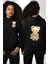 Çiçek Desenli Elbiseli Ayıcık Siyah Kapüşonlu Sweatshirt Kadın Erkek Ön Minimal Sırt Baskılı 1