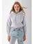 Kadın Kapüşonlu 3ip Şardonlu Crop Sweatshirt Gri - 2612 1