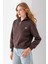 Kadın Dik Yaka Yarım Fermuarlı Kelebek Aksesuarlı 3ip Şardonlu Sweatshirt Kahverengi - 2663 3