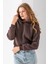 Kadın Kapüşonlu 3ip Şardonlu Crop Sweatshirt Kahverengi - 2612 5
