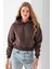 Kadın Kapüşonlu 3ip Şardonlu Crop Sweatshirt Kahverengi - 2612 6