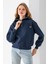 Kadın Dik Yaka Yarım Fermuarlı Kelebek Aksesuarlı 3ip Şardonlu Sweatshirt Lacivert - 2663 4
