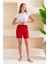 Kadın Fitilli Kaşkorse Süs Kuşaklı Şort Pijama Altı Kırmızı - 6131 2