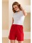 Kadın Fitilli Kaşkorse Süs Kuşaklı Şort Pijama Altı Kırmızı - 6131 3