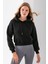 Kadın Kapüşonlu 3ip Şardonlu Crop Sweatshirt Siyah - 2612 2