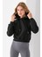 Kadın Kapüşonlu 3ip Şardonlu Crop Sweatshirt Siyah - 2612 3