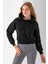 Kadın Kapüşonlu 3ip Şardonlu Crop Sweatshirt Siyah - 2612 4