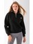Kadın Dik Yaka Yarım Fermuarlı Kelebek Aksesuarlı 3ip Şardonlu Sweatshirt Siyah - 2663 1