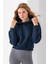 Kadın Kapüşonlu 3ip Şardonlu Crop Sweatshirt Lacivert - 2612 4
