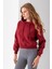 Kadın Kapüşonlu 3ip Şardonlu Crop Sweatshirt Bordo - 2612 4