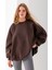 Kadın Bisiklet Yaka Oversize 3ip Şardonlu Basic Sweatshirt Kahverengi - 2662 7