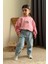 Ekose Kalp Desenli Kot Pantolonlu Kız çocuk takım - Pembe 4