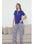 Kadın Saks Mavi 3 Düğmeli Etnik Desen Likralı Viskon Kısa Kol Pijama Takımı 1