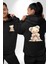 Çiçekli Mavi Elbiseli Ayıcık Siyah Kapüşonlu Sweatshirt Kadın Erkek Ön Minimal Sırt Baskılı 4