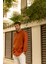Erkek %100 Keten Kiremit Rengi Düğmeli Yaka Modern Fit Cepsiz Gömlek 3