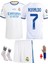 Cristiano Ronaldo Real Madrid 2018/19 Sezon Şeritli Beyaz Retro Çocuk Forması 4 Parça Forma+Şort+Çorap+Biliklik 2