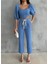 Keten Crop Karpuz Kol Bluz-Pantolon Hasır Kemerli - Mavi 3