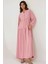 Kadın Düğme Detaylı Dokulu Uzun Kol V Yaka Modest Elbise Pink 3