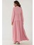 Kadın Düğme Detaylı Dokulu Uzun Kol V Yaka Modest Elbise Pink 6