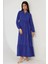 Kadın Dokulu Bağlama Detaylı Bisiklet Yaka Modest Elbise Fas Mavisi 3