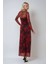 Kadın Çiçek Desenli Bodycon Maxi Tül Elbise Kırmızı 5