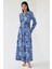Kadın Çiçek Desenli Uzun Kol Örme Modest Elbise Fas Mavisi 2