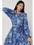Kadın Çiçek Desenli Uzun Kol Örme Modest Elbise Fas Mavisi 3
