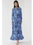 Kadın Çiçek Desenli Uzun Kol Örme Modest Elbise Fas Mavisi 4