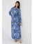 Kadın Çiçek Desenli Uzun Kol Örme Modest Elbise Fas Mavisi 5