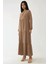 Kadın Düğmeli Desenli Kısa Modest Elbise Brown 2