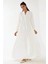 Kadın Düğme Detaylı Dokulu Uzun Kol V Yaka Modest Elbise Beyaz 2