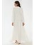 Kadın Düğme Detaylı Dokulu Uzun Kol V Yaka Modest Elbise Beyaz 7