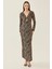 Kadın Leopar Desenli Bodycon Uzun Elbise, Yırtmaçlı Brown 3
