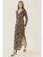 Kadın Leopar Desenli Bodycon Uzun Elbise, Yırtmaçlı Brown 4