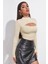 Kadın Ekru Göğüs Dekolteli Uzun Kollu Cut Out Crop Top Bluz 4