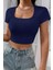 Kadın Lacivert Yarım Kol Düz Yaka Crop Top Bluz 1