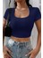Kadın Lacivert Yarım Kol Düz Yaka Crop Top Bluz 5