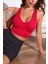 Kadın Kırmızı Derin Göğüs Dekolteli Şık Crop Top Bluz 5