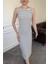 Merserize Çizgili Basic Elbise- Ekru 2