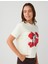 Beyaz %100 Pamuk Bisiklet Yaka Çiçek Desenli Örme Tişört 3