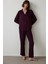 Bordo Çizgili Saten Gömlek Yaka Pijama Takımı 1