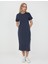 Lacivert %100 Pamuk Yuvarlak Yaka Kısa Kollu Midi Elbise 1