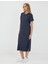 Lacivert %100 Pamuk Yuvarlak Yaka Kısa Kollu Midi Elbise 2
